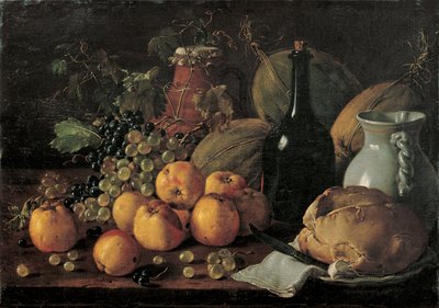 Still Life with Apples, Grapes, Melons, Bread, Jug and Bottle by Luis Menendez or Melendez